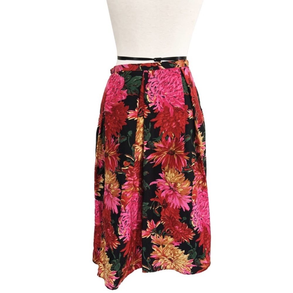 Talbots Pure Silk Floral Pleated Midi Full Skirt Pink Flower Print